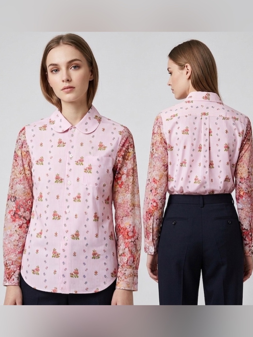 NWT Comme des Garcons Pink Striped Floral Peter Pan Collar Button Down Shirt S